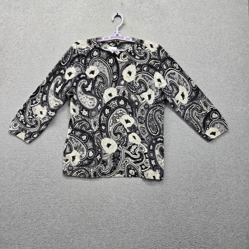Talbots Women Sweater XL Gray Paisley Floral 100% Pure Cashmere 3/4 Sleeve